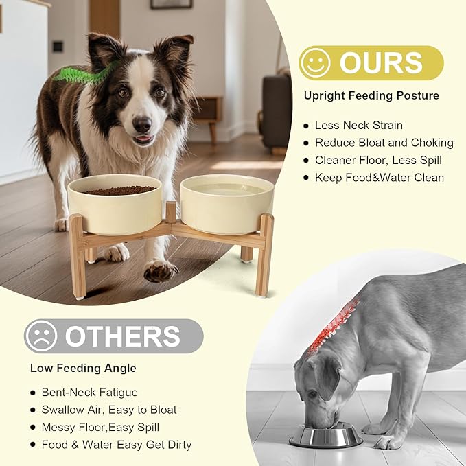 SPUNKYJUNKY Elevated Dog Bowls Ceramic, 7.3'' Dogs Food Water Bowls Raised with Non-Slip Bamboo Stand for Medium to Large Sized Breed Microwave Dishwasher Safe - 42 OZ,Beige