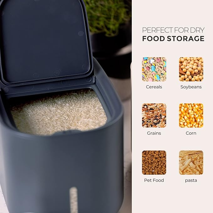Zuutii Rice Storage Container,Food Container, Dry Food Storage, Pet Food Dispenser, 11lbs/6.9Qt Large Storage Bin with Lid,Silicone Ring & Moisture Proof, for Grain Cereal Soybean Corn, Dark Gray
