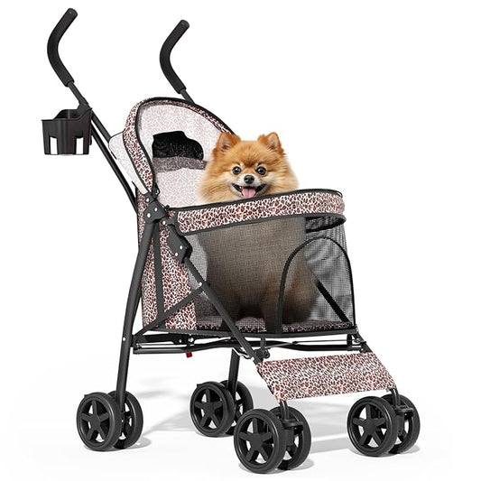 MoNiBloom 4 Wheels Pet Stroller, Easy-Fold Umbrella Shaped Dog Cat Jogger Stroller w/Storage Bag & Visible Mesh for Small/Medium Dogs Cats Leopard Print