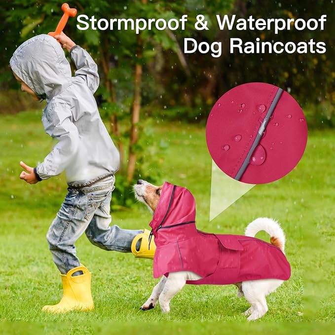 Waterproof Dog Raincoat, Windproof Rain Jacket for Large Dogs with Reflective Strips, Convertible Hood/Collar Poncho with Leash Hole Full Body Protection (Neon Pink, XXL)
