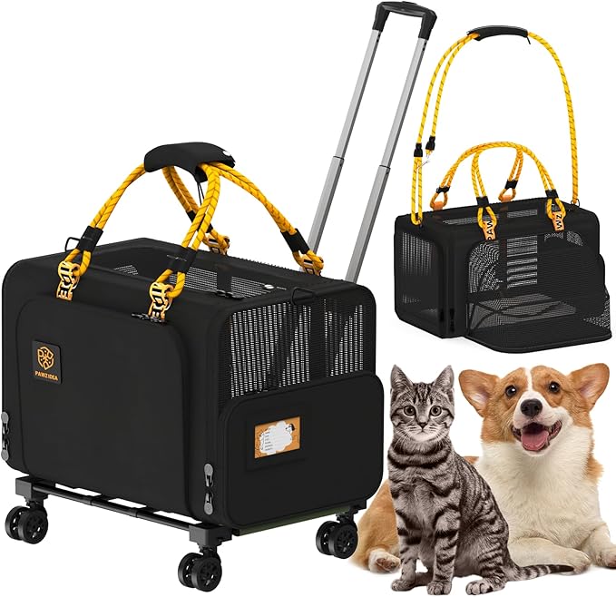 PAWZIDEA Expandable Large Pet Carrier with Wheels, 24x16x16 in Rolling Cat Carrier for 2–4 Cats up 55lb, Soft-Sided Collapsible Small Medium Dog Crate for Car Travel, Telescopic Handle, Storage Pocket