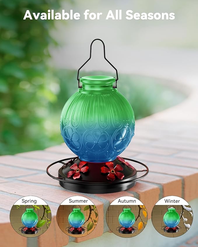 26Oz Hummingbird Feeder for Outdoors, Vintage Glass Bird Feeder with Perch, Durable & Easy to Clean, Hanging Nectar Feeder for Garden, Yard, Deck – Gift for Bird Lovers (Green)