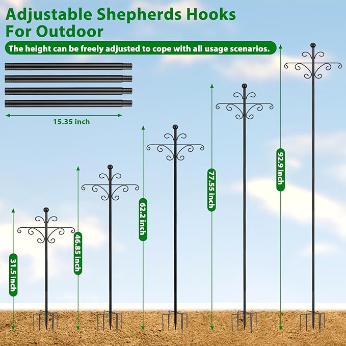 Bird Feeder Pole for Outdoors Heavy Duty Squirrel Proof, 2 Pack 92 Inch Adjustable Tall Shepherds Hooks for Outdoor with 7 Prongs Base, Double Shepherd Hooks (2 Pack Black, 92 Inch)