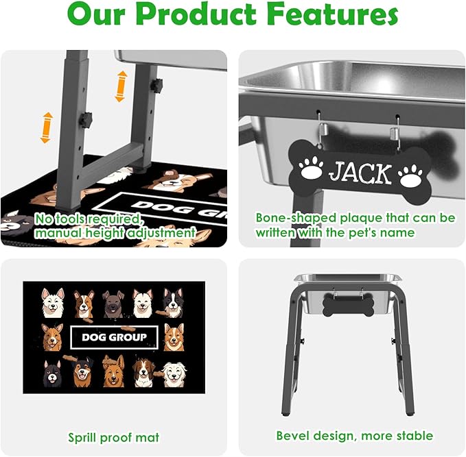 2 Gallon Elevated Dog Water Bowl, ADENGL Height Adjustable (10.4–15.2'') Raised Stainless Steel Bowl with Spill-Proof Mat & Sturdy Metal Stand, Tip-Proof, Easy to Clean, Indoor & Outdoor Use