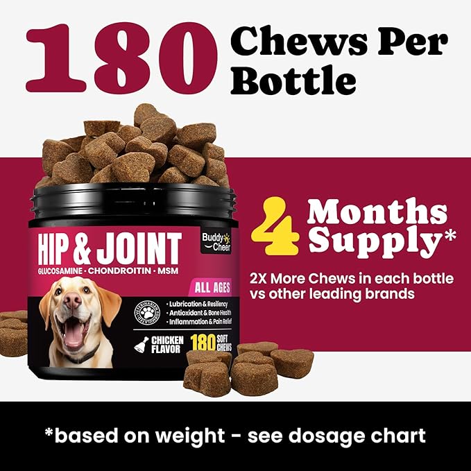 Glucosamine for Dogs Hip & Joint Support, Joint Supplement for Dogs with Chondroitin, Dog Joint Chews for Pain and Inflammation Relief for Large & Small Breeds - 60-Day Satisfaction Guarantee - 180 Ct