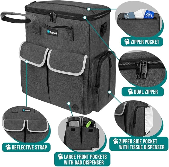 PetAmi Dog Travel Bag Pet Supplies Accessories Organizer for Traveling, Camping, Weekend; Cat Pet Travel Bag Kit Includes 2 Food Storage Containers, 2 Collapsible Bowls, 1 Feeding Mat (Dark Gray)