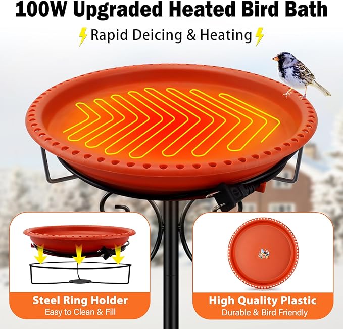 Daoeny Heated Bird Baths for Outdoors, Upgraded 100W Thermostatically Controlled Heated Bird Bath with 5-Prong Metal Base, Heated Bird Bath for Outside Winter Garden Patio Yard Lawn(Terracotta)