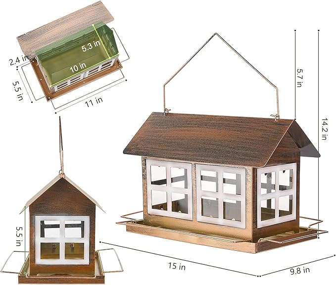 Bird Feeders, Heavy Duty Metal Bird Feeder for Outdoors Hanging, Weatherproof Large Capacity Wild Birdfeeder for Outside Garden Yard, Country House Shape (Double Window)