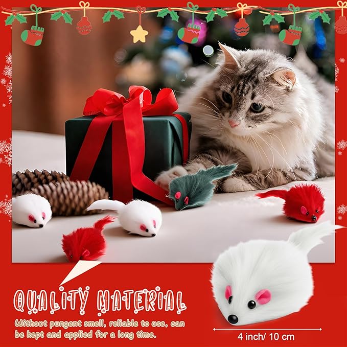 Hungdao 60 Pcs Furry Mice Interactive Catch Play Rabbit Fur Mouse Cat Toy Rattle Sound Rat Plush for PET Cats and Kittens, 3 Colors (White, Green, Red)