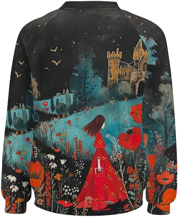 Long Sleeve Shirts for Women Cat Oil Painting Shirt 3D Graphic Sweatshirts Fall Pullover Crewneck Vintage Boho Tops