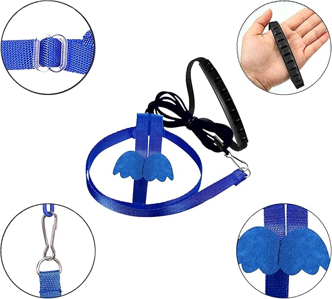 Dnoifne Parrot Harness and Leash, Adjustable Training Design Anti-Bite, Nylon Rope with Cute Wing for Parrots, Suitable for Alexandrine, Scarlet, Keck, Mini Macaw & Same Size Bird (Blue)