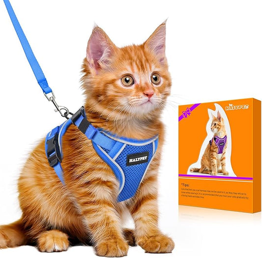 Halypet Cat Harness and Leash Set [MAX Safety 4th-Gen Upgrade] Escape Proof Adjustable Cat Leash Comfortable Soft Vest Easy to Wear Kitten Harness with Reflective Strip for Cats Walking, S Blue