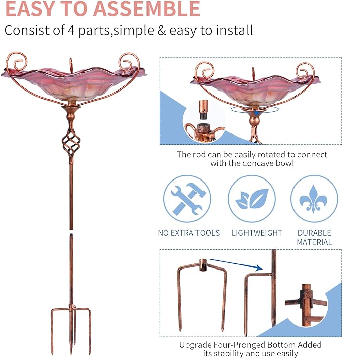 VCUTEKA Bird Bath, Glass Bird Baths for Outdoors Birdfeeder with Metal Stake Birdbath Garden Decor, Red