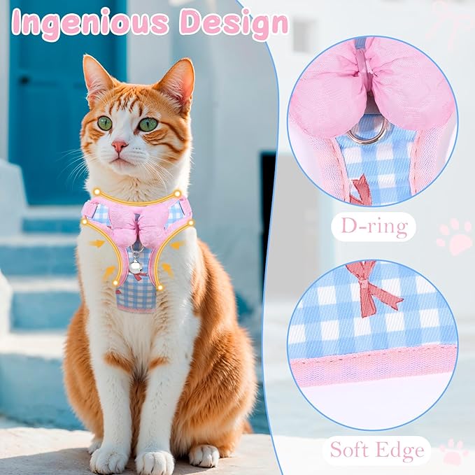 Cat Vest Harness and Leash Set for Walking Escape Proof, Adjustable Kitten Harness and Leash Set Breathable Mesh with Bow Harness for Kitty Puppy Bunny(Pink Small)