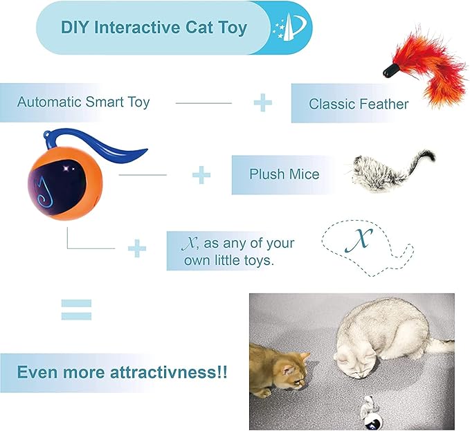 Migipaws Interactive Cat Ball Toy Set, Fun Tracker, Automatic Rolling Chase Ball with Fluffy Tail, A Small Mice, Rechargeable (Orange)