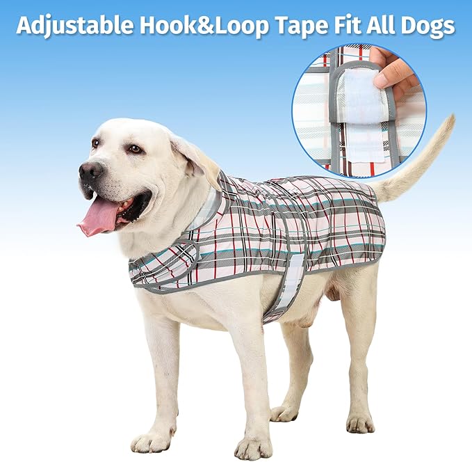 Dog Rain Coat for Large Dogs Waterproof Hooded Rain Jacket with Reflective Strips Leash Hole & Poncho Adjustable Fit (Plaid,XL)