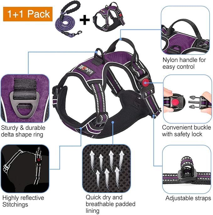 No Pull Dog Harness Adjustable Reflective Oxford Easy Control Medium Large Dog Harness with A Free Heavy Duty 5ft Dog Leash (S (Neck: 13"-18", Chest: 17.5"-22"), Purple Harness+Leash)