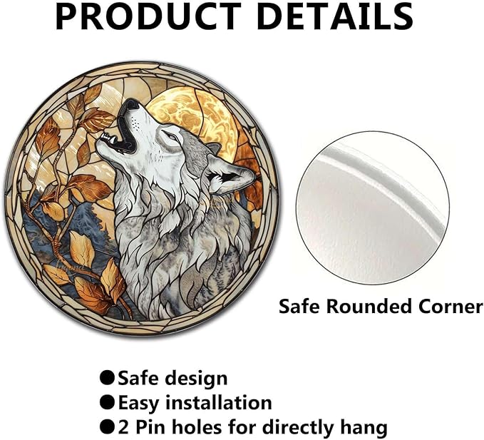 Lygond Metal Sign Tin Sign Circular Stained Glass Gray Wolf Bathroom Signs for Home for Club 12×12 Inches