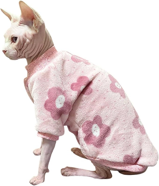 Cat Flannel Floral Clothes, Warm Soft Winter Jumpsuit Flower Prints Sweater Shirt Clothing for Hairless Sphynx, Devon & Indoor Kittens (Pink, S)