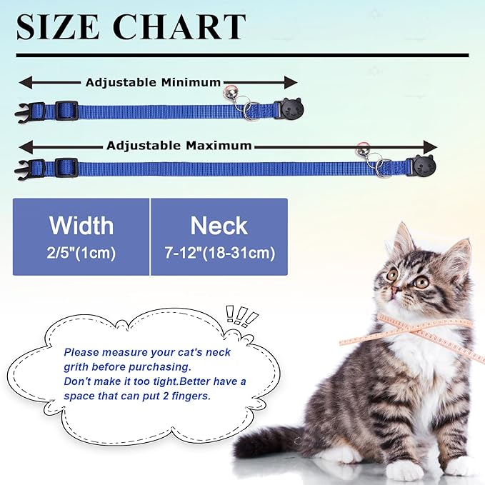 Personalized Kitten Cat Collar with Silent Slide On Silicone Name Tag | Adjustable and Durable Nylon Collar with Bell | Custom Laser Engraved Pet Name | Phone Number | Suitable for Kitten Cat