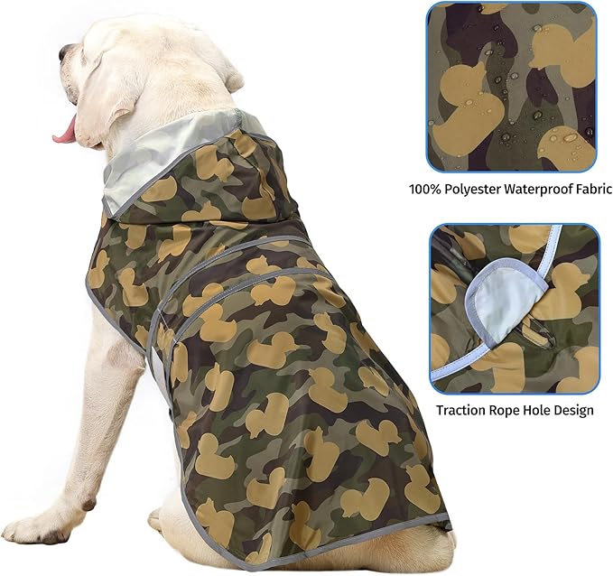 Dog Rain Coat for Large Dogs Waterproof Hooded Rain Jacket with Reflective Strips Leash Hole & Poncho Adjustable Fit (CamoDuck,XL)