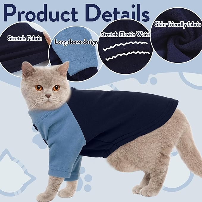 T'CHAQUE Cat Pajamas - Soft Cat Clothes& Shirts & Pajamas with Sleeves, Stretchy Sweater, Pullover Kitten Clothes, Blue, X-Large