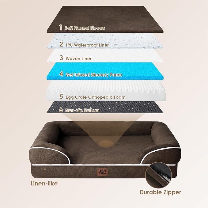 EHEYCIGA Orthopedic Dog Beds for Large Dogs, Waterproof Memory Foam Large Dog Bed with Sides, Non-Slip Bottom and Egg-Crate Foam Pet Couch Bed with Washable Removable Cover, Brown