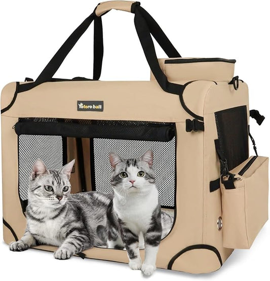 Extra Large Cat Carrier for 2 Cats Collapsible Soft Pet XL Crate for Large/Medium Cats 20lbs Car Travel Portable Bag with Water Bottle Slot For Long Trips (Beige, 24.0"L x 16.5"W x 16.5"H)