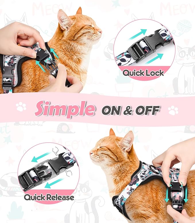 Halypet Cat Harness and Leash Set[MAX Safety 4th-Gen] Cute Escape Proof Vest Harness for Girl&Boy Cat Walking, Comfortable Adjustable Leash and Reflective Strips for Outdoor Kitten, XS Inky Meowy