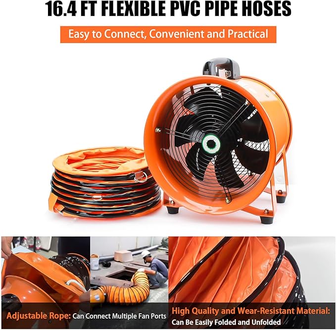 10-Inch High-Velocity Portable Utility Blower Fan, Industrial Exhaust Fan with 16.4ft Flexible Duct Hose, 3150 RPM Low-Noise Ventilator for Basements, Workshops, Warehouses, and Confined Spaces