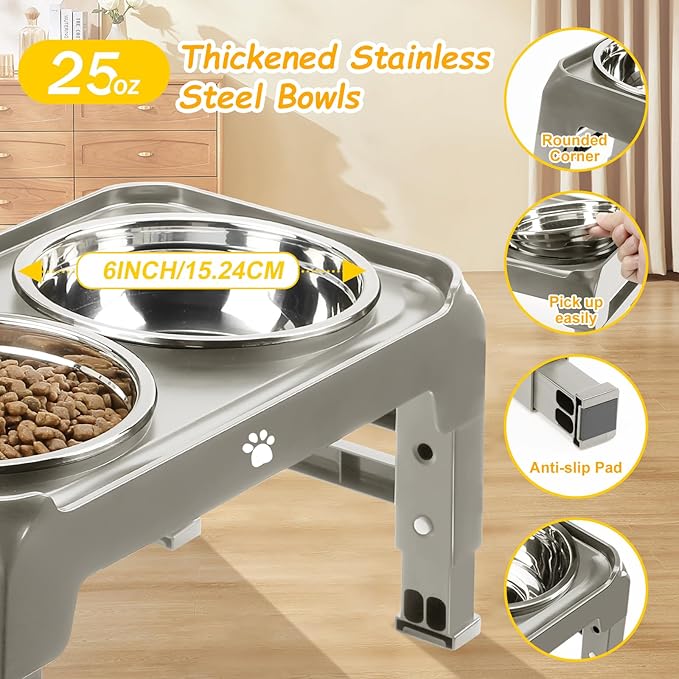 Elevated Dog Bowls 3 Height Adjustable Raised Bowl Stand with 25oz Stainless Steel Dog Food Bowls Anti-Slip for Small Dogs Adjusts to 7.5", 6", 2.75", Grey