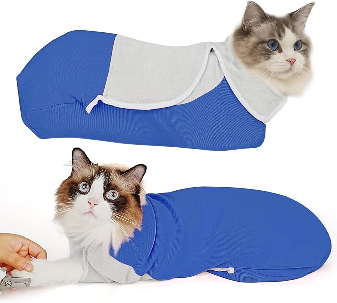 Self-Adhesive Cat Grooming Wrap, Cozy Cat Wrap for Cutting Nails, Breathable Anti-Scratch Cat Swaddle Bag for Brushing, Ear Cleaning, Dental Care, Medication, Injections,Blue L