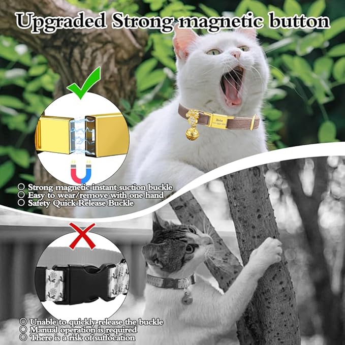 Personalized Breakaway Cat Collars - Magnetic Buckle, Bell - Safety Quick Release, Customized for Girls & Boys Cats- (Velvet-Chocolate)
