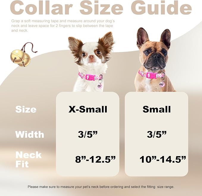 Small Dog Collar with Bell，Nylon - Adjustable XXS/XS Tiny Dog & Cat Collar for Small Breeds,Soft Pink Collar with Quick-Release Buckle（Flowers S）