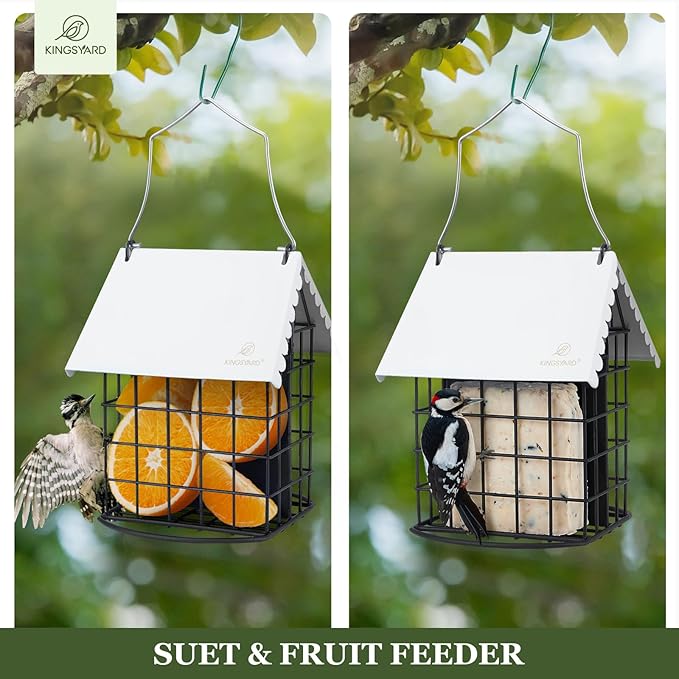 Kingsyard Double Suet Bird Feeder with Weatherproof Roof & Perch, All Metal, Suet Cakes Cage Bird Feeder for Outdoors Hanging, Easy to Clean & Refill, White