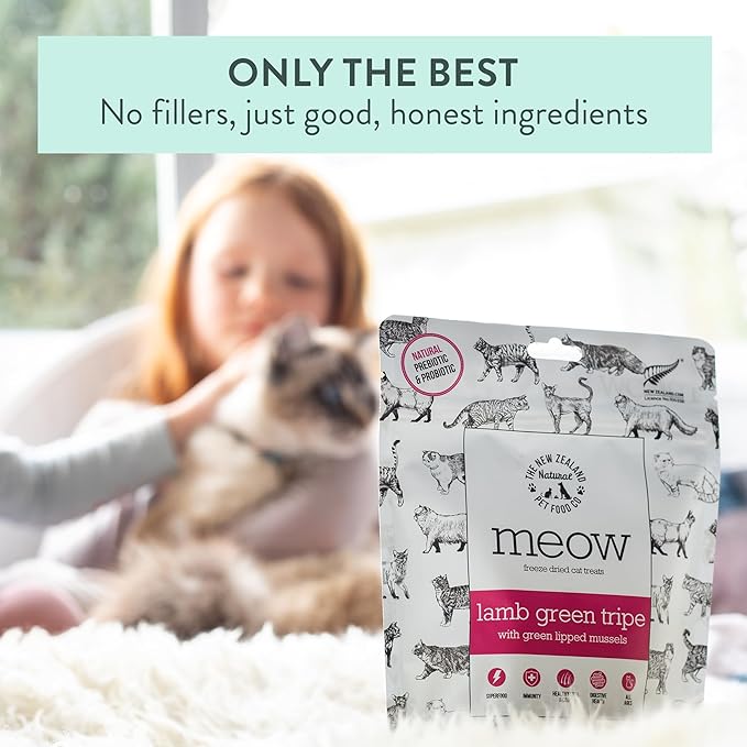 The New Zealand Natural Pet Food Co MEOW Freeze Dried Cat Treats - Lamb Green Tripe with New Zealand Green Mussel, High Protein, Healthy Cat Snacks and Toppers, All Natural for all Life Stages, 1.4 oz