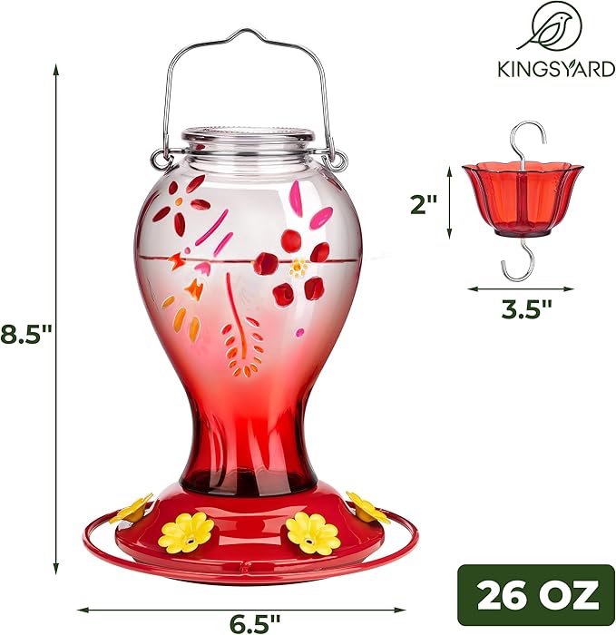Kingsyard Hummingbird Feeder for Outdoors, Glass 26 oz Leak Proof Feeder with Ant Moat & 6 Ports, Hanging Bird Feeder for Garden Decor, Red