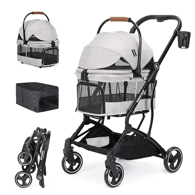 T3 3 in 1 Small Pet Stroller for Dogs & Cats, 4 Wheels for Dogs with Detachable Carrier with Pad, Canopy and Cup Holder, Grey