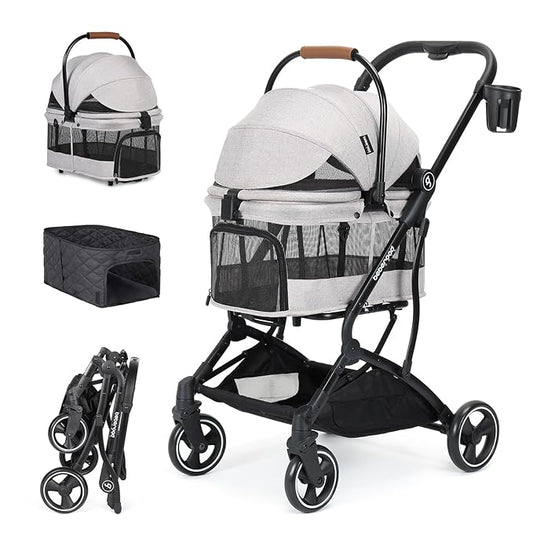 T3 3 in 1 Small Pet Stroller for Dogs & Cats, 4 Wheels for Dogs with Detachable Carrier with Pad, Canopy and Cup Holder, Grey