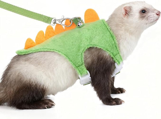 Ferret Harness and Leash Set Dinosaur Shaped Small Pet Harness and Leash Set with Safety Bell, Adjustable Vest for Ferret, Hedgehog, Guinea Pig, Rabbit and Other Small Animals