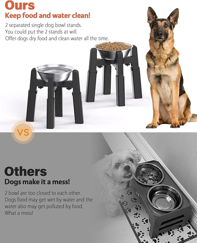 CZPET Dog Bowl Stand, 51 oz Large Capacity Raised Elevated Dog Food/Water Stainless Steel Feeder, Size and Height Adjustable & Anti-Slip Stand for Medium Dogs (2 Pack)