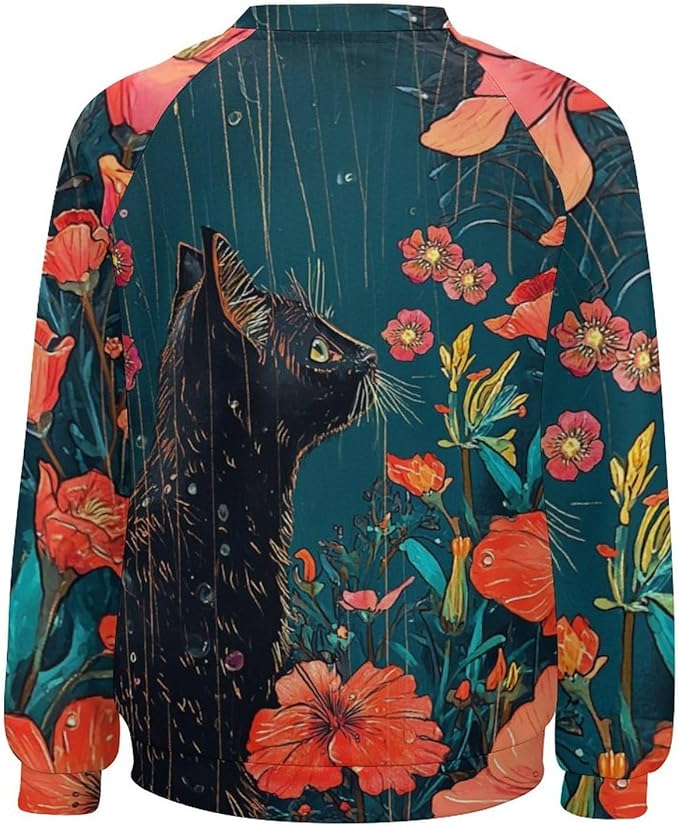 Long Sleeve Shirts for Women Cat Oil Painting Shirt 3D Graphic Sweatshirts Fall Pullover Crewneck Vintage Boho Tops