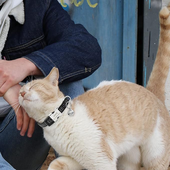 Personalized Reflective Nylon Cat Collar with Name Phone,Custom Engraved Buckle Cat Collar with Bell,Adjustable for Small Dogs Puppy Kitten (Black,fit 7.5''-12.0'')