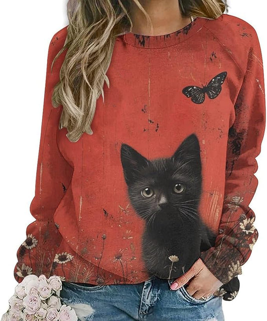 Long Sleeve Shirts for Women Cat Oil Painting Shirt 3D Graphic Sweatshirts Fall Pullover Crewneck Vintage Boho Tops