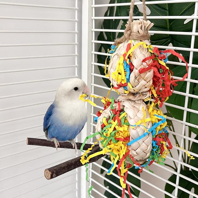 2PCS Bird Foraging Toys, Parrot Shredding Chewing Shredder Hanging Toys, Parakeets Shredded Paper Bird Cage Accessories Toy for Small Parrots, Conures, Love Birds, Cockatiels