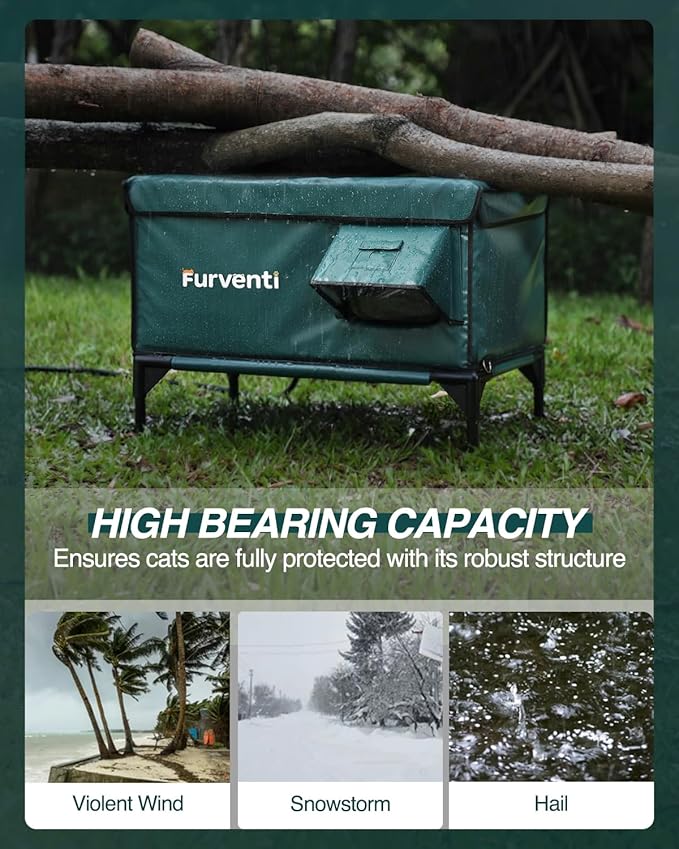 Outdoor Heated Cat House in Winter,Extremely Insulated & Weatherproof,Elevated Feral Cat Shelter with Waterproof Eaves & Escape Door for Outside Stray Barn Cat (Dark Green,L)