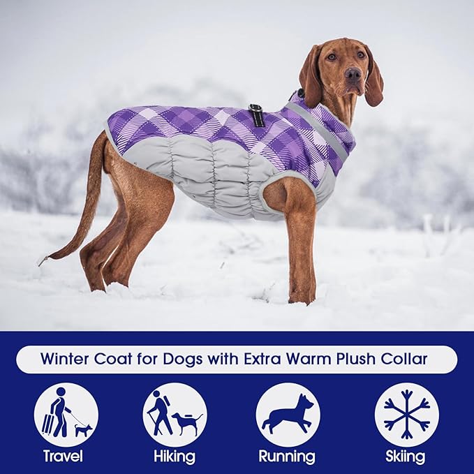 FUAMEY Dog Coat for Large Dogs,Waterproof Dog Winter Jacket with Harness Built in Puppy Cold Weather Coats Reflective Pet Vest with Zipper Warm Fleece Dogs Snowsuit Windproof Purple Plaid XL