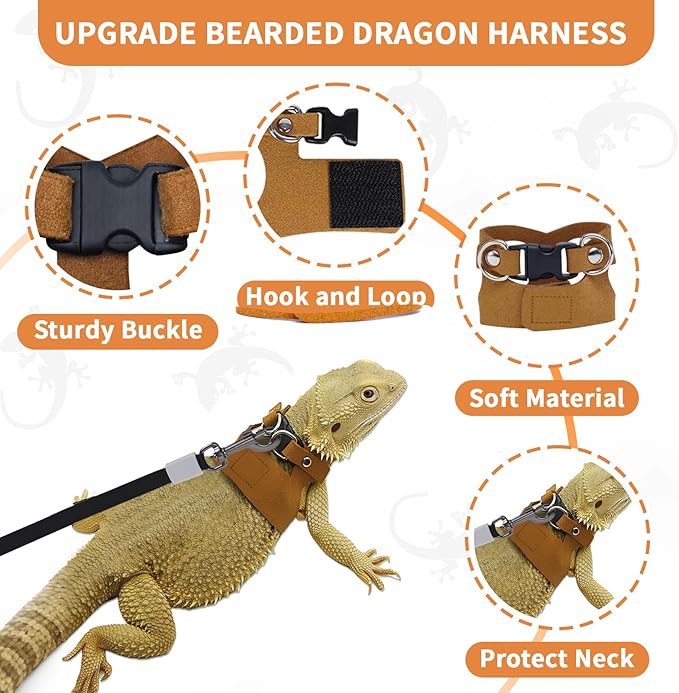 3 Pack Bearded Dragon Leash and Harness Set, Retractable 9.8FT Leash with 3 Sizes Adjustable Soft Harness for Reptile Small Animals Walking, Cute Lizard Vest Clothes for Reptile Lovers -Brown