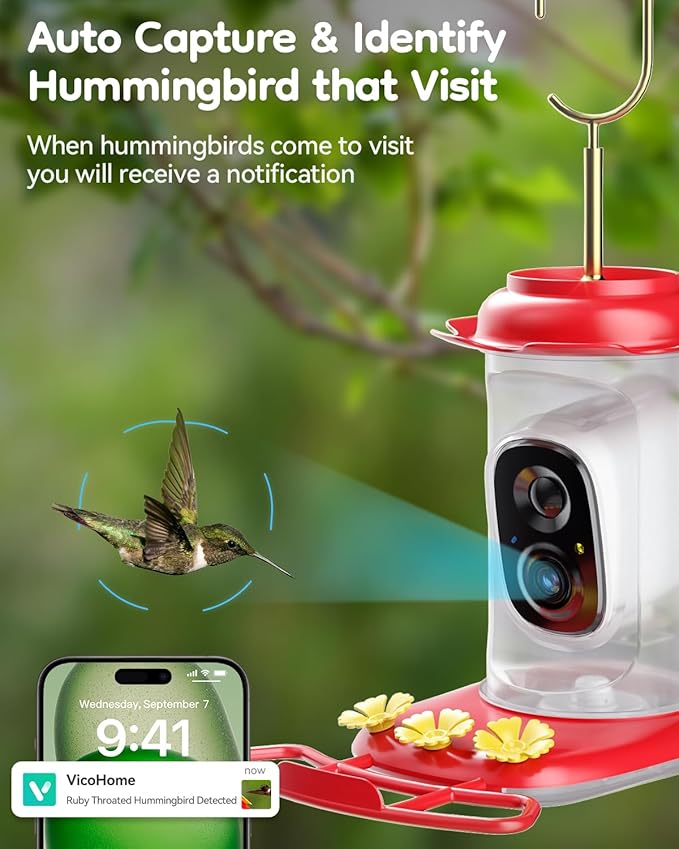 LongPlus® Solar Hummingbird Feeder with Camera for Outdoors,Smart Bird Camera with 2K Live Video,Ant Guard Pole Base,AI Bird Identify,Ant Moat,Bee Proof with 3 Feeding Ports, Ideal