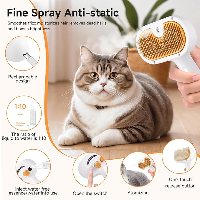 Pet Steam Brush for Dog & Cat – 3-in-1 Spray Hair Removal Comb – Steam for Shedding & Grooming – Water Brush for Long & Short Haired Pets – Spritz Defur Comb – Includes Waterless Shampoo